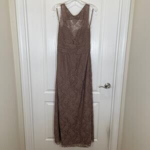 Amsale Truffle Taupe Lace Maxi Dress Sleeveless Boatneck Formal Evening 10‎
